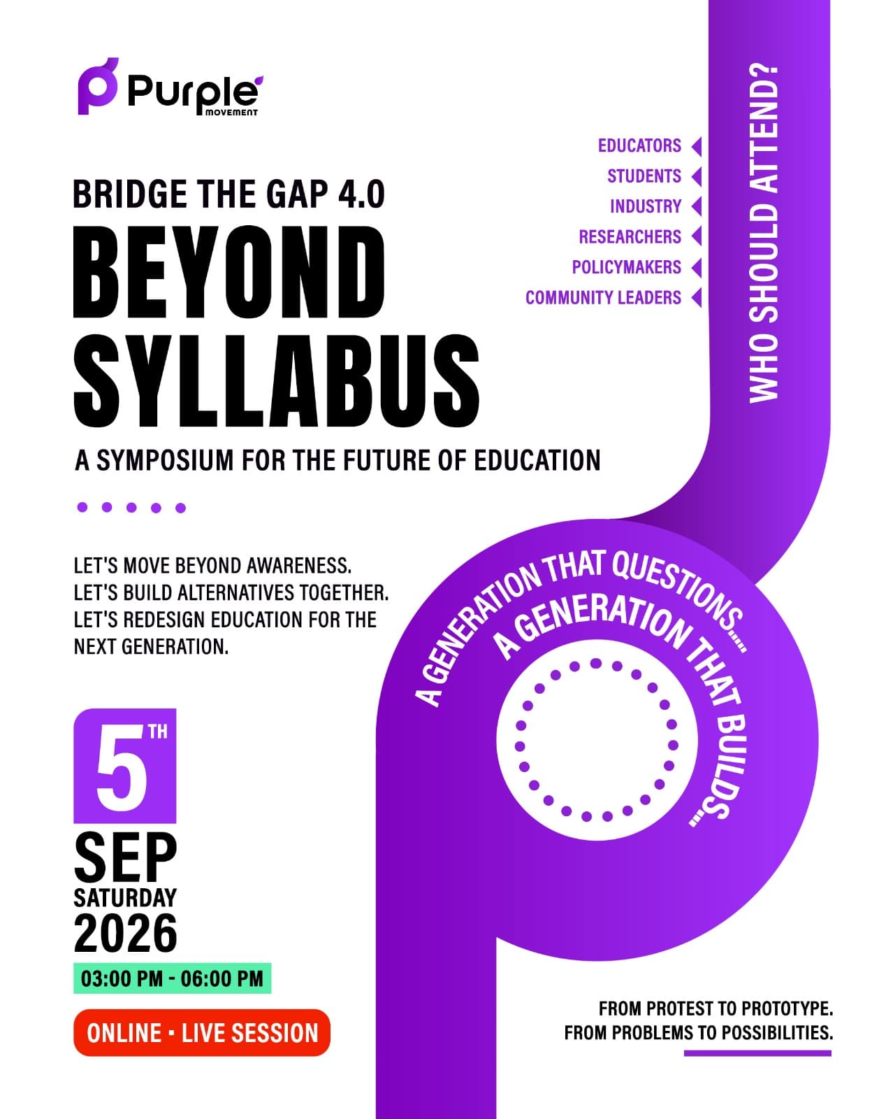 Bridge The Gap 4.0 — Beyond Syllabus poster: a symposium for the future of education, 5 September 2026, online live session.